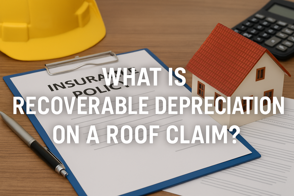 An image of an insurance claim with a text overlay stating "What is recoverable depreciation on a roof claim?"