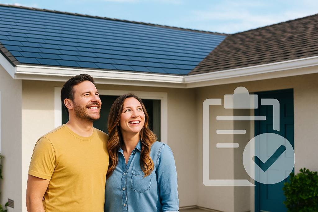 Couple standing in front of a home with both solar and asphalt shingles. will insurance cover solar shingles?