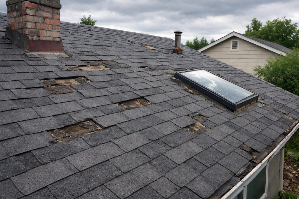 An asphalt roof in need of a replacement, leading to the question "How long does a roof replacement take?"